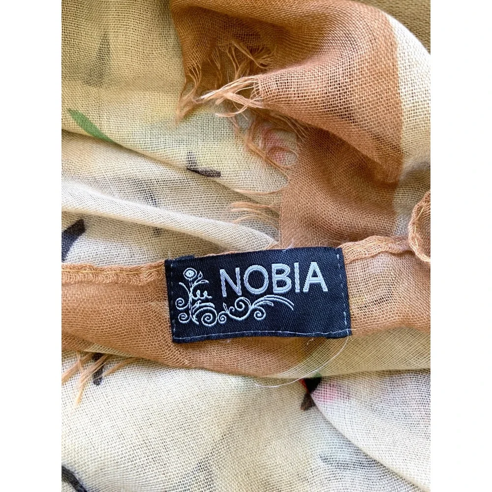 Nobia Songbird Print Scarf Tan Multi Colorful Bird Lightweight Wrap 40x72 fringe